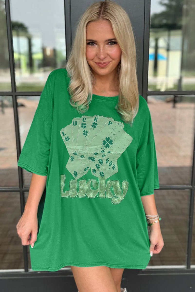 Bright Green Rhinestone Lucky Poker Cards Mini Dress T Shirt - Love Salve